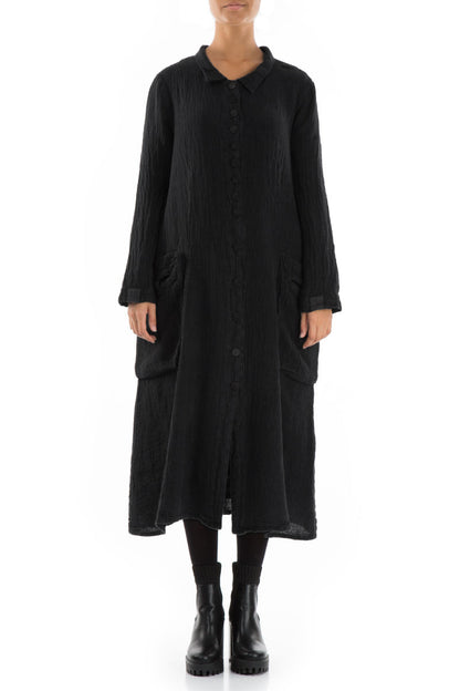 Long Buttonline Black Mélange Linen Jacket 1