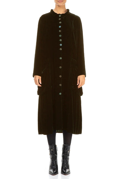 Veste longue élégante en velours de soie couleur brume de forêt