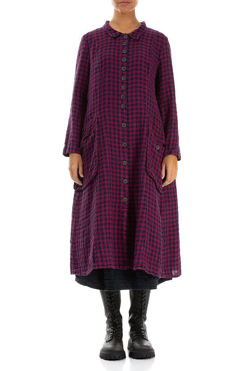 Long Buttonline Magenta Check Linen Jacket 1