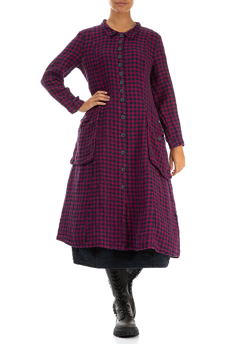 Long Buttonline Magenta Check Linen Jacket 3