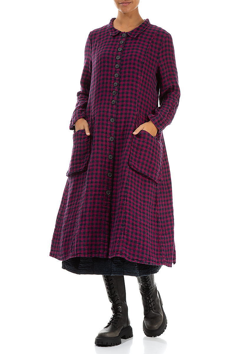 Long Buttonline Magenta Check Linen Jacket 4