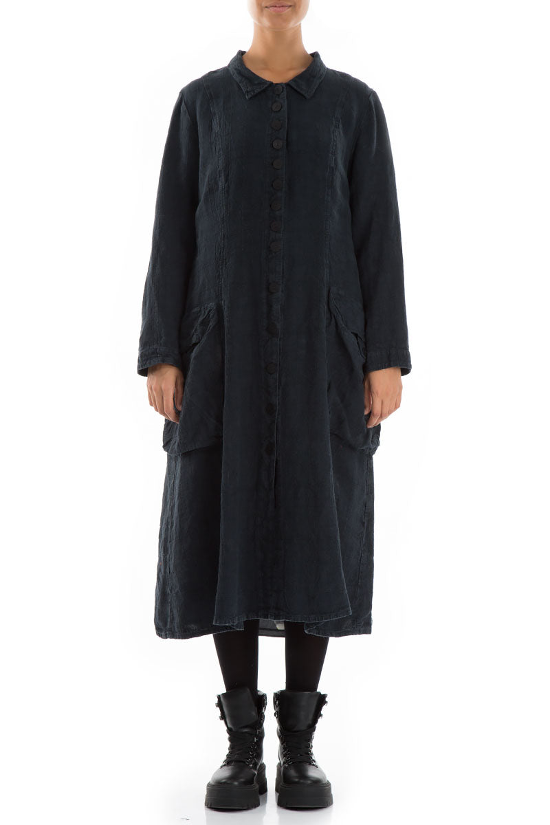 Stylish Long Peacock Blue Patterned Linen Jacket 1