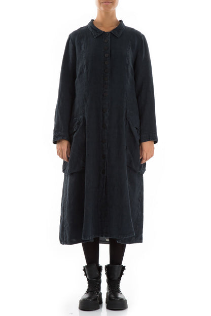 Stylish Long Peacock Blue Patterned Linen Jacket 1