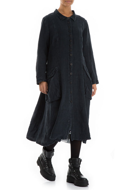 Stylish Long Peacock Blue Patterned Linen Jacket 3