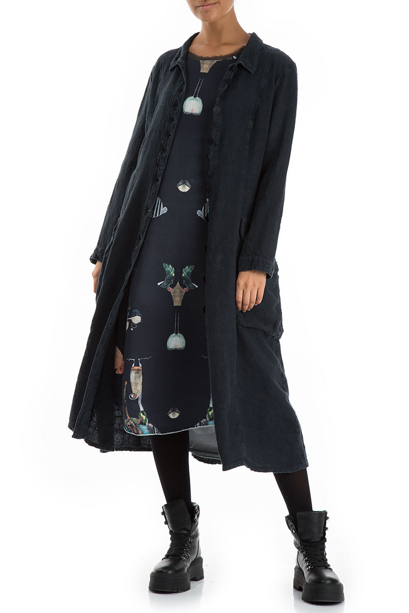 Stylish Long Peacock Blue Patterned Linen Jacket 5