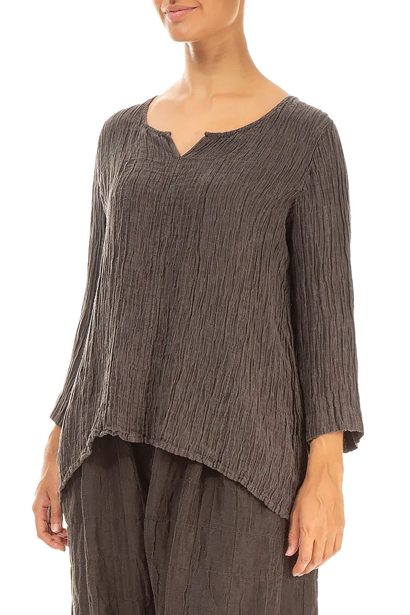 Sweetheart Neck Crinkled Forest Brown Silk Blouse 3