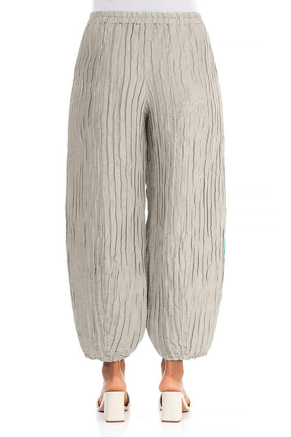 Taper Beige Crinkled Silk Linen Trousers 2