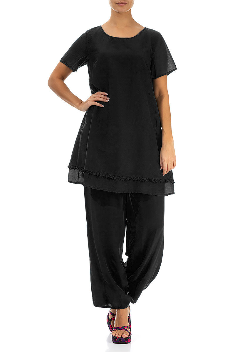 Taper Black Silk Bamboo Trousers 4