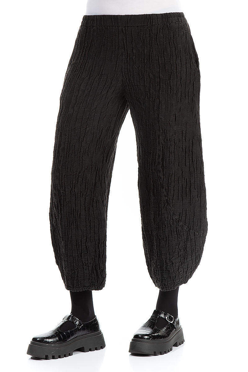 Taper Crinkled Black Silk Linen Trousers 3