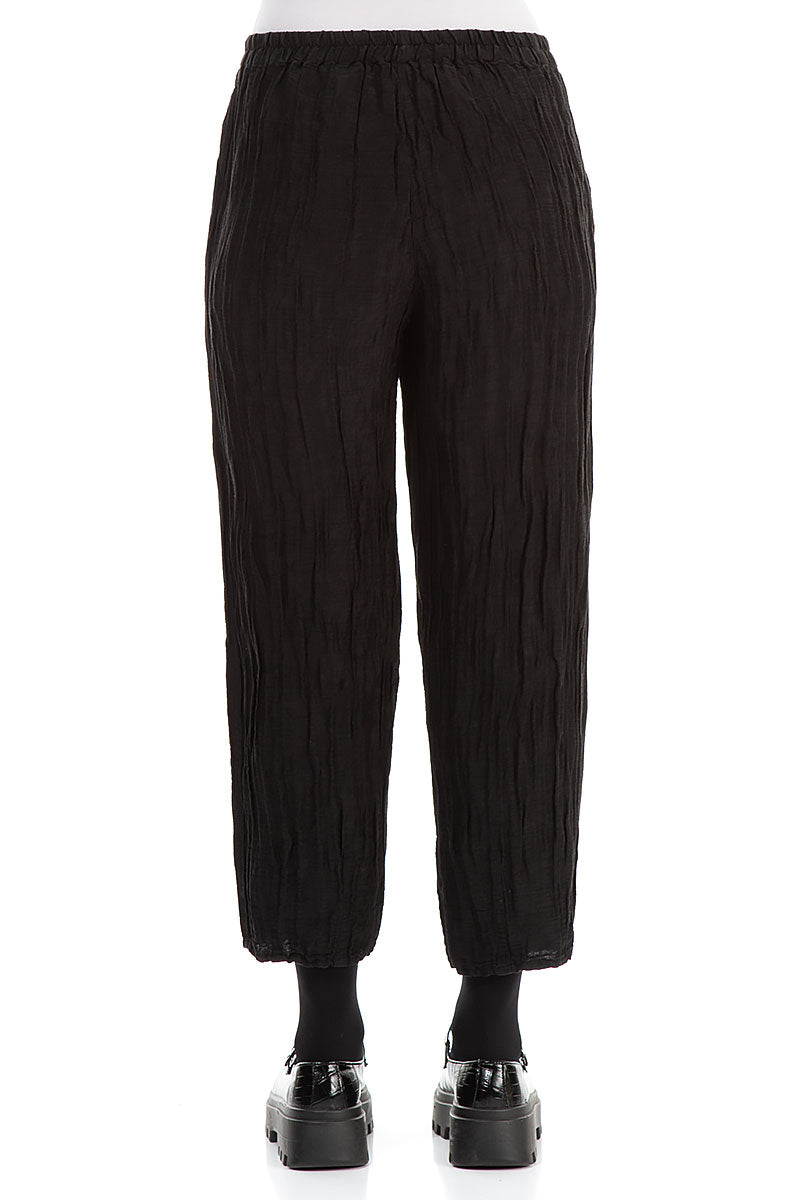 Taper Cropped Crinkled Black Silk Linen Trousers 2