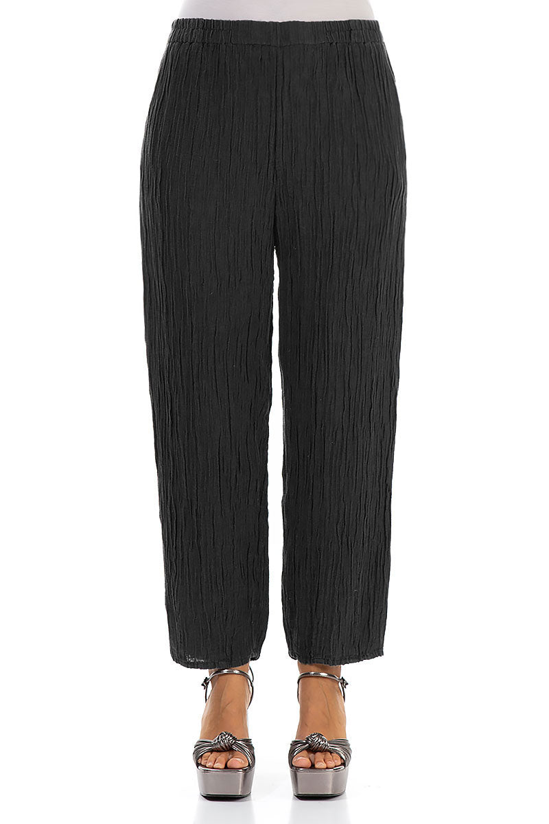 Taper Crinkled Black Silk Trousers 1