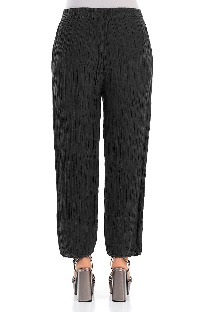 Taper Crinkled Black Silk Trousers 2