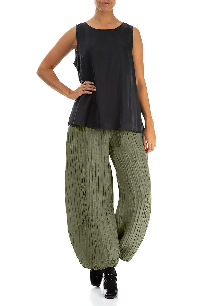 Taper Crinkled Forest Mist Silk Linen Trousers 4
