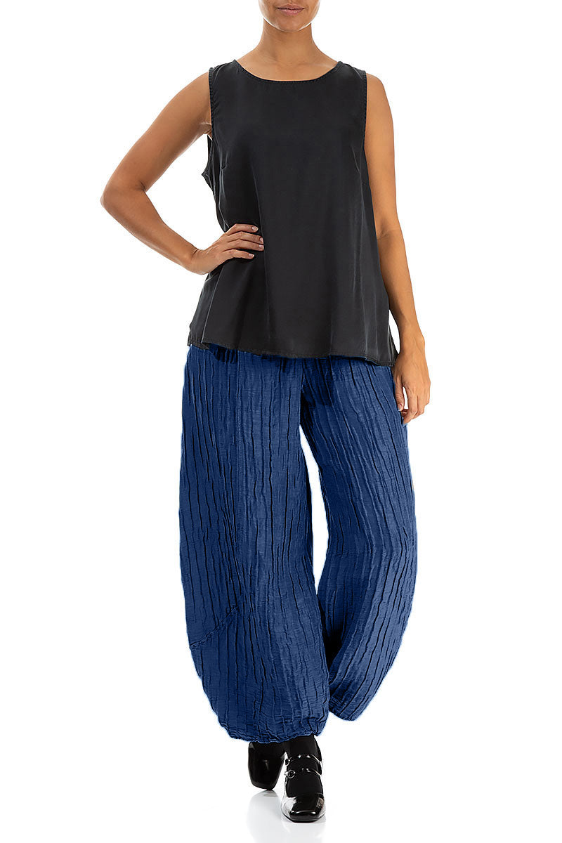 Taper Crinkled Royal Blue Silk Linen Trousers 4