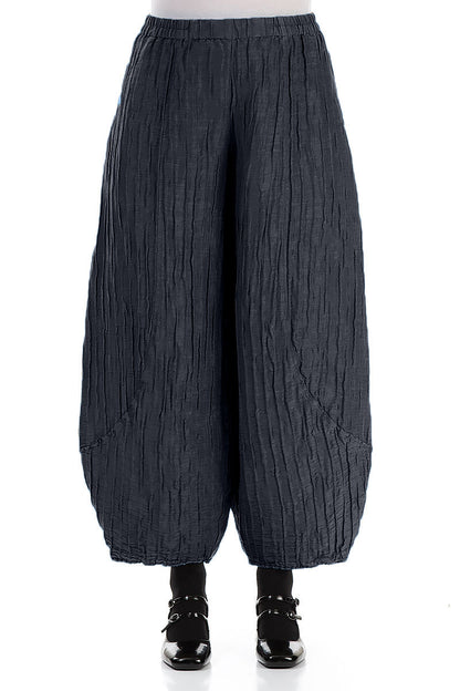 Taper Crinkled Slate Blue Silk Linen Trousers 1