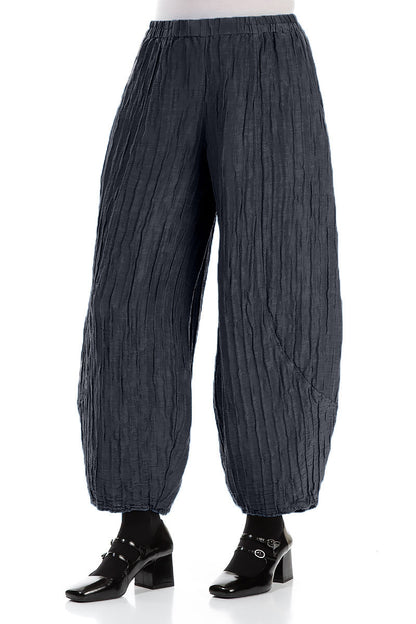 Taper Crinkled Slate Blue Silk Linen Trousers 3