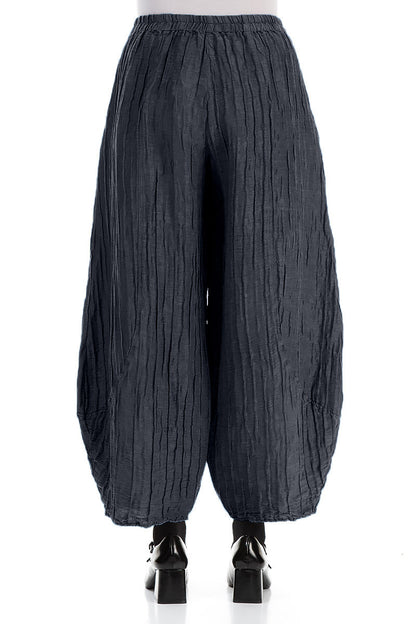 Taper Crinkled Slate Blue Silk Linen Trousers 2
