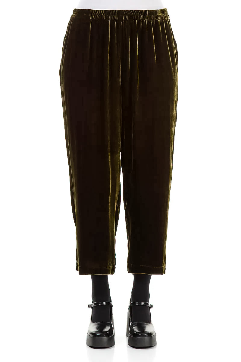 Taper Cropped Forest Green Silk Velvet Trousers