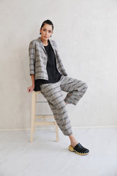 Tapered Greige Check Linen Trousers 5