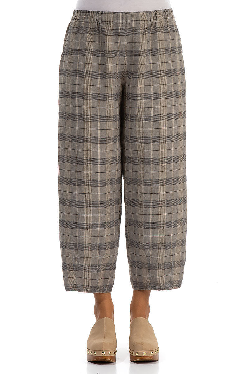 Tapered Greige Check Linen Trousers 1