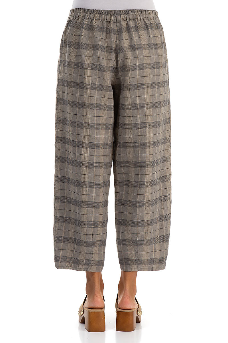 Tapered Greige Check Linen Trousers 2