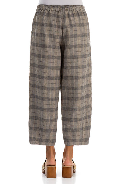 Tapered Greige Check Linen Trousers 2