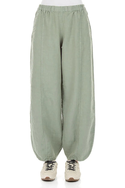 Konische, lange Leinenhose in Salbeigrün