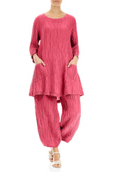 Taper Raspberry Crinkled Silk Linen Trousers 4