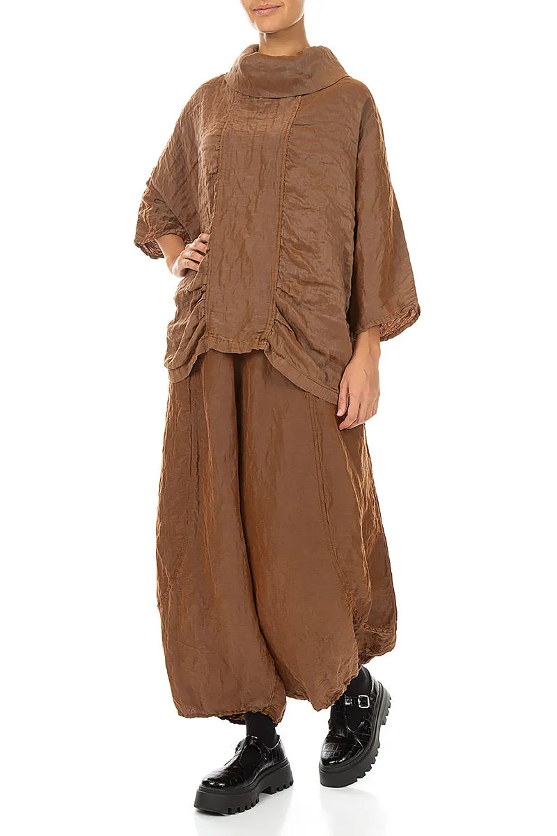 Taper Textured Aged Copper Silk Linen Trousers 4