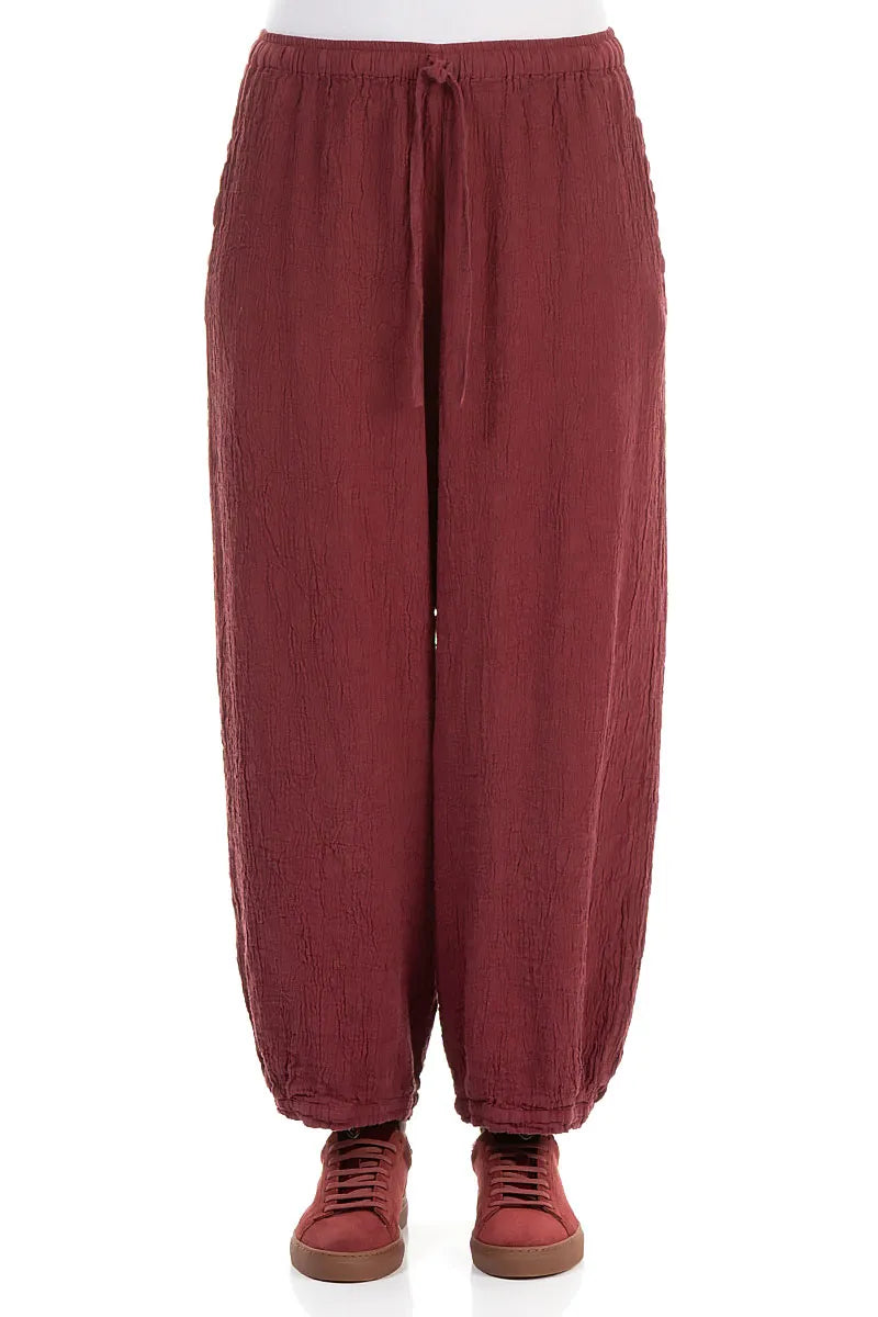 Taper Tie Up Antique Ruby Textured Linen Trousers 1