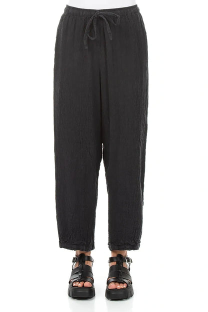 Taper Tie Up Graphite Textured Linen Trousers 1