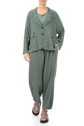 Taper Tie Up Sage Textured Linen Trousers 4