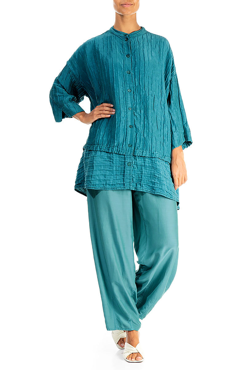Taper Turquoise Silk Bamboo Trousers 4