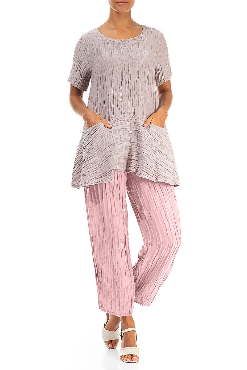 Tapered Barrel Powder Pink Crinkled Silk Trousers 4