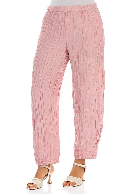 Tapered Barrel Powder Pink Crinkled Silk Trousers 3