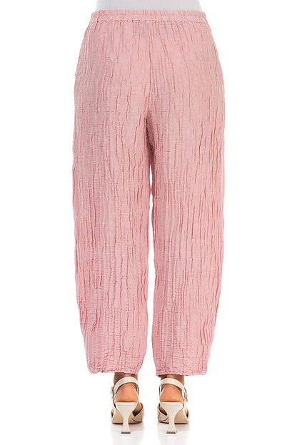 Tapered Barrel Powder Pink Crinkled Silk Trousers 2