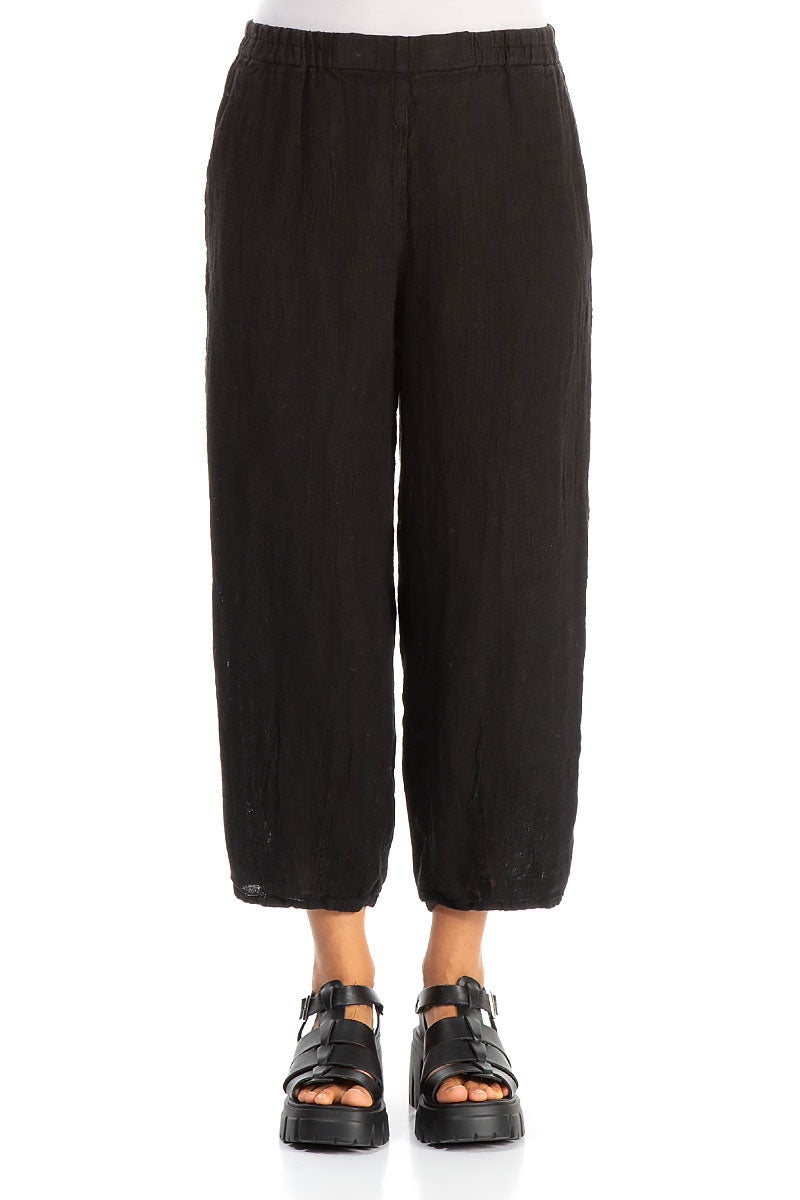 Tapered Black Mélange Linen Trousers 1