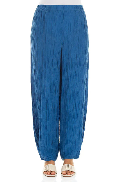 Tapered Cobalt Blue Crinkled Silk Trousers
