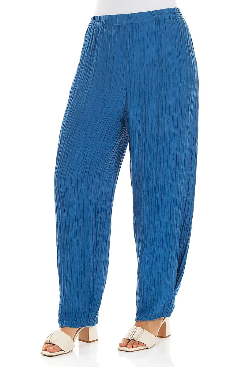 Tapered Cobalt Blue Crinkled Silk Trousers