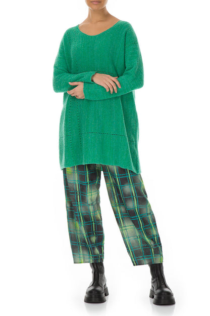 Tapered Emerald Grid Silk Linen Trousers