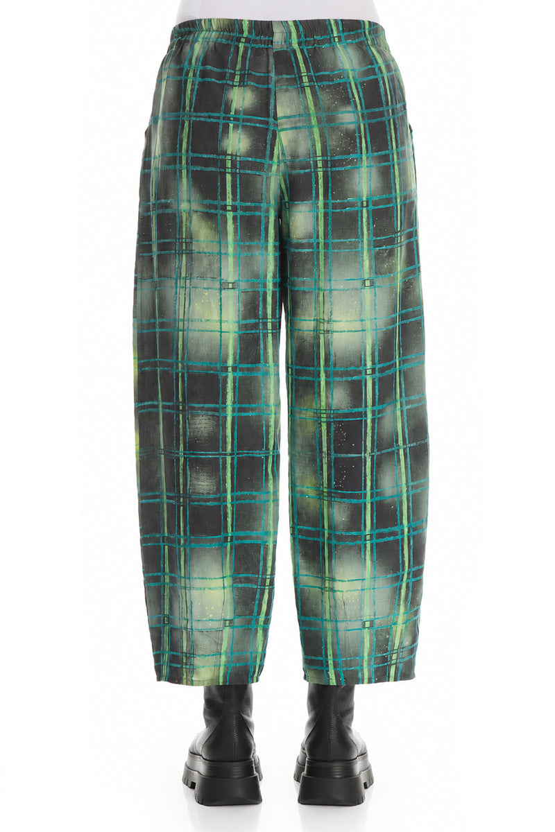 Tapered Emerald Grid Silk Linen Trousers