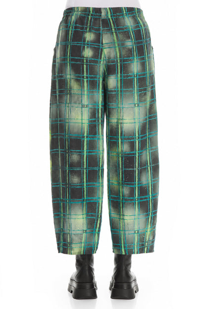 Tapered Emerald Grid Silk Linen Trousers
