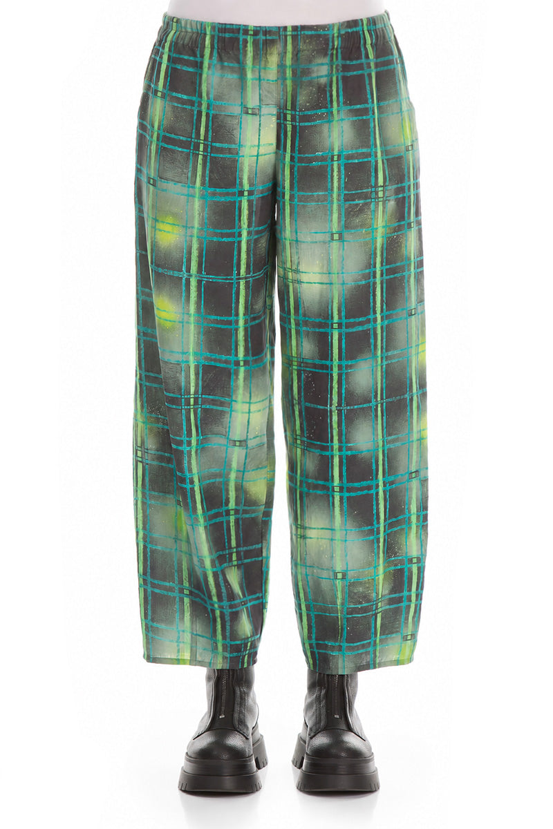 Tapered Emerald Grid Silk Linen Trousers