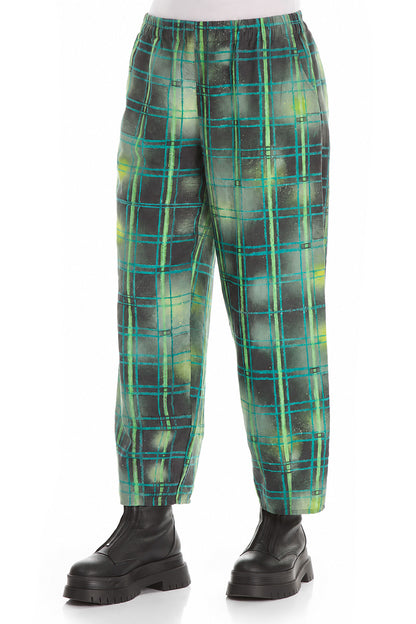 Tapered Emerald Grid Silk Linen Trousers