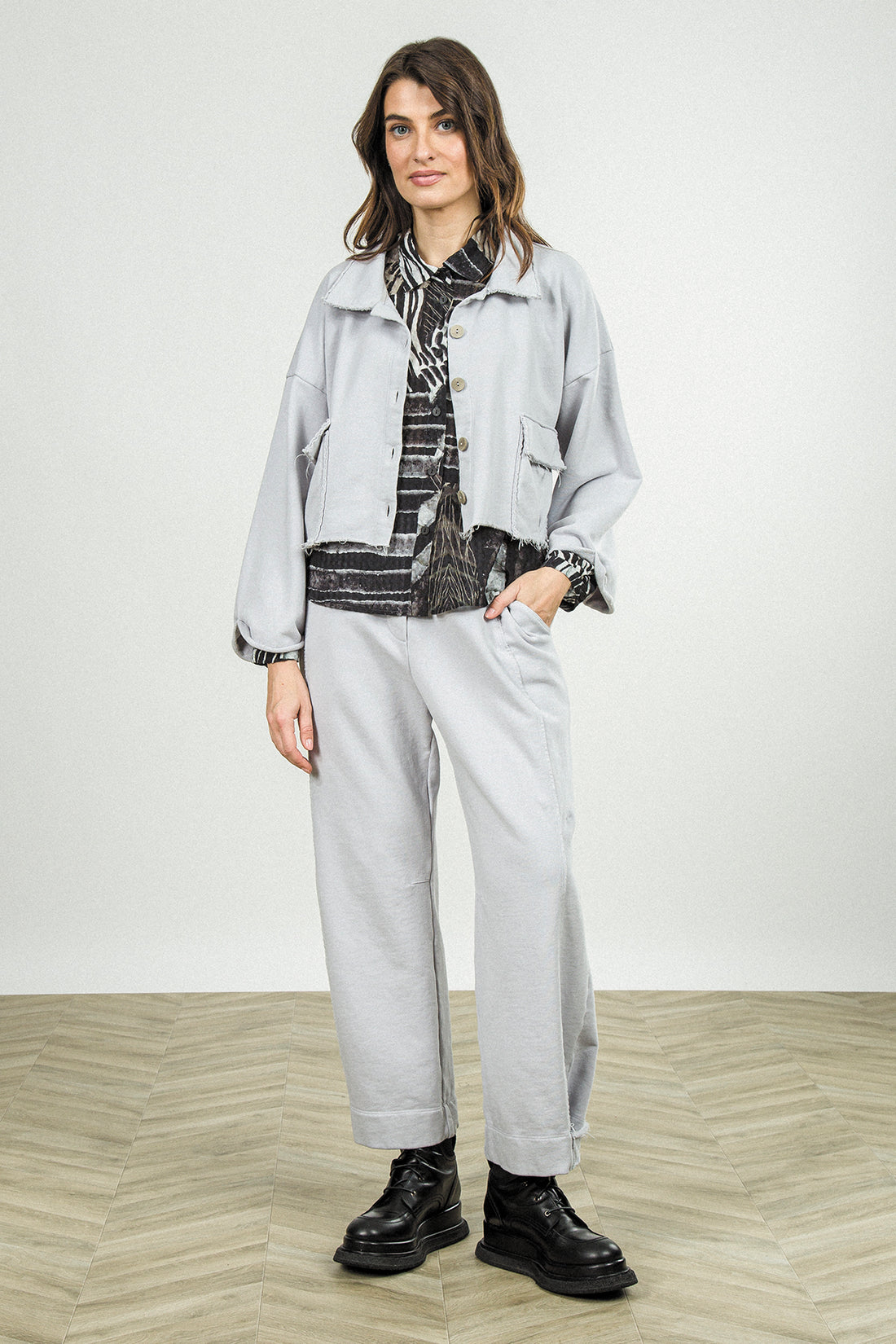 Tapered Pearl Grey French Terry Cotton Trousers 7