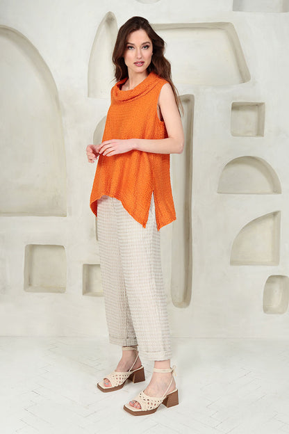 Textured Cowl Neck Sleeveless Neon Orange Linen Tunic 6