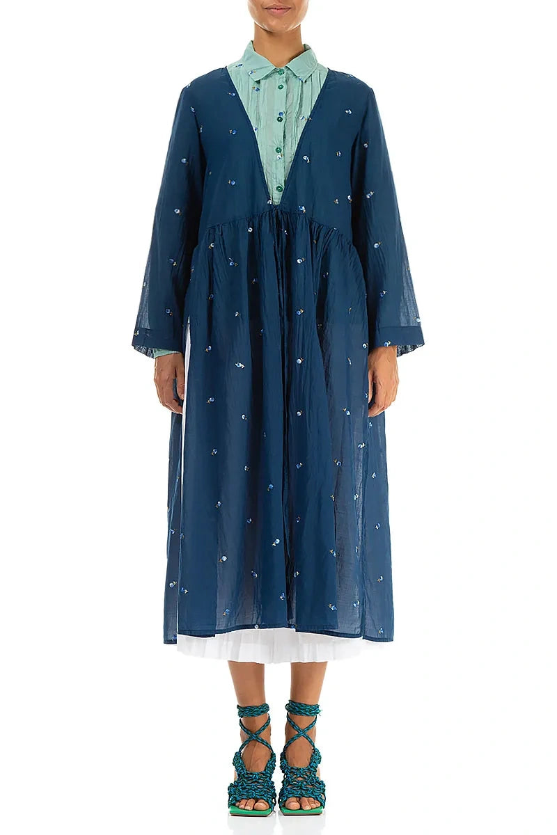 Tie Front Navy Embroidered Petals Cotton Jacket 2