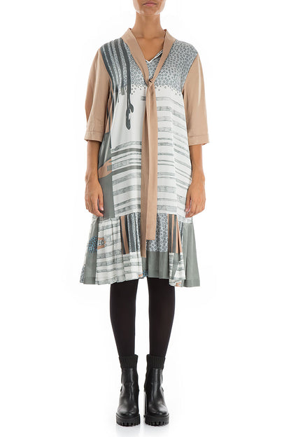 Tie Neck Modern Print Silk Dress