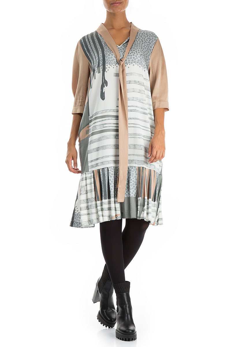 Tie Neck Modern Print Silk Dress