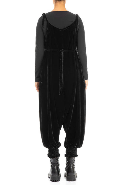 Tie Strap Black Silk Velvet Jumpsuit 2